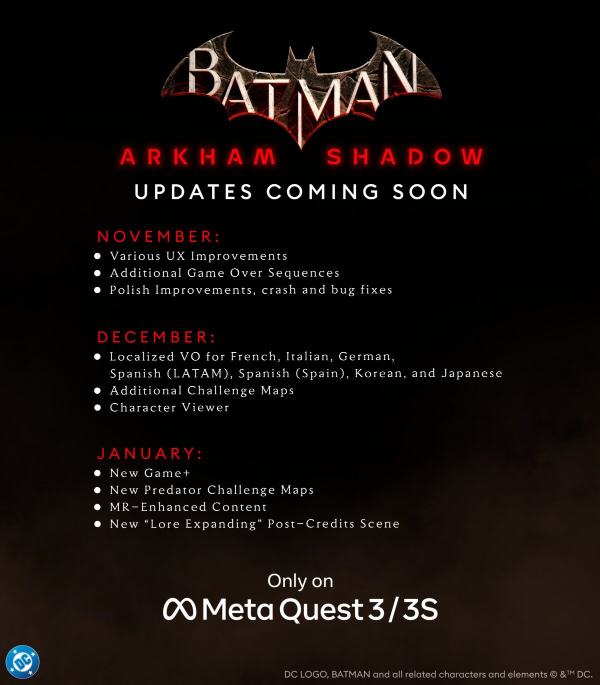 Eine Liste mit Features kommender Updates für Batman: Arkham Shadow.