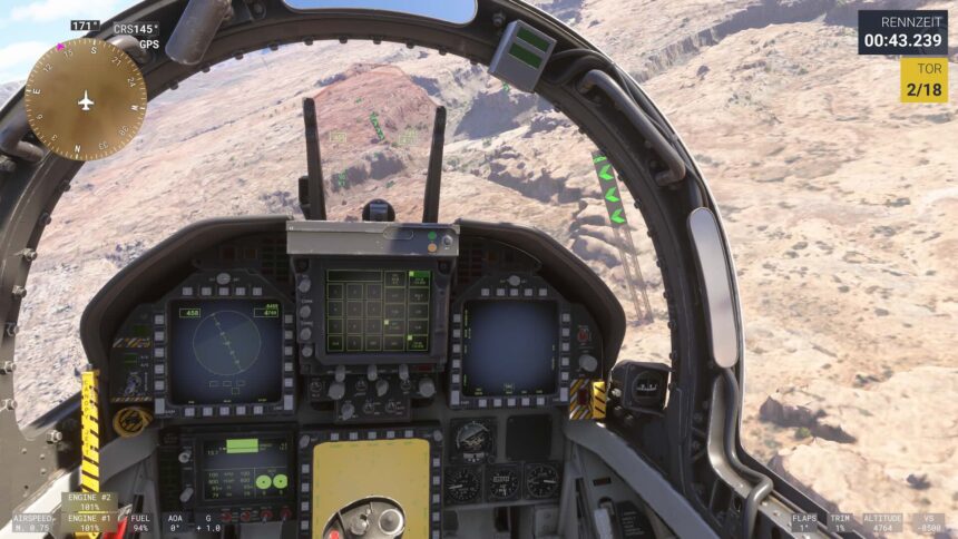 In der Super Hornet donnere ich durch den Grand Canyon. Das Cockpit des Jets ist - wie die vieler anderer Flugzeuge - sehr detailliert nachgebaut.