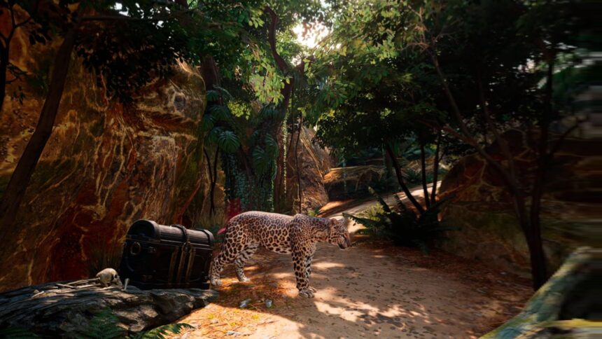 Ein Leopard steht im Dschungel neben einer alten Schatzkiste.