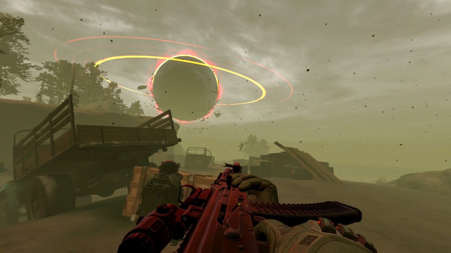 Spieler hält Gewehr in staubiger, zerstörter Umgebung unter surrealer Himmelsanomalie.